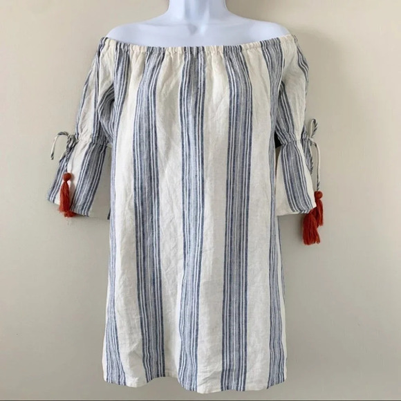 Revolve Tularosa Sara Mini Dress Chambray Striped Off The Shoulder Linen - Picture 6 of 16